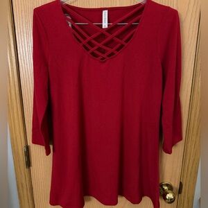 ZENANA Like New Premium Red Knit CrissCross V-Neck Tunic Blouse Top Womens XL